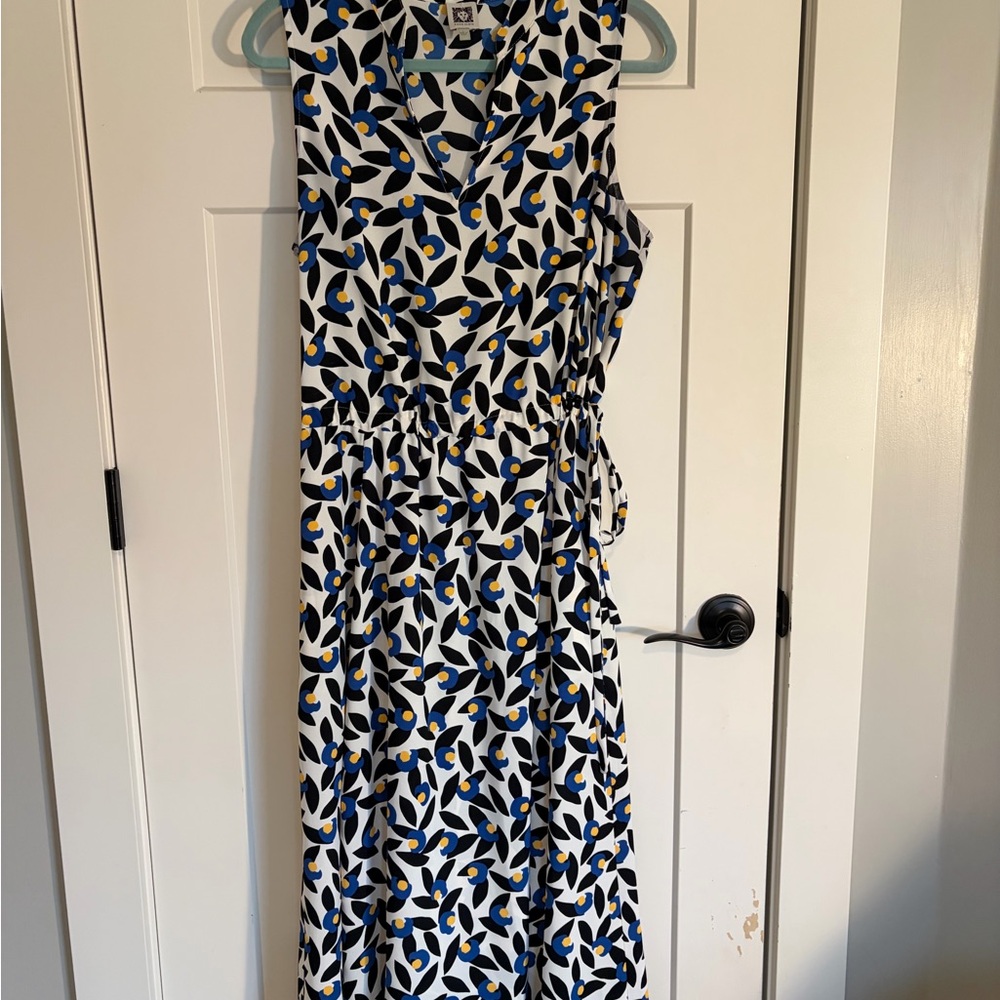 Anne Klein Blue and Yellow Leaf Print Maxi Dress